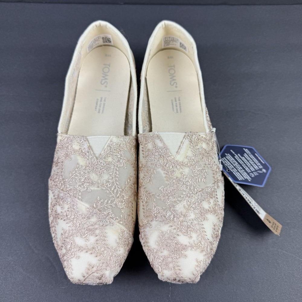 Toms Alpargata Shoes 9 Natural Metallic Hibiscus Floral Lace‎ Slip On Shoes New